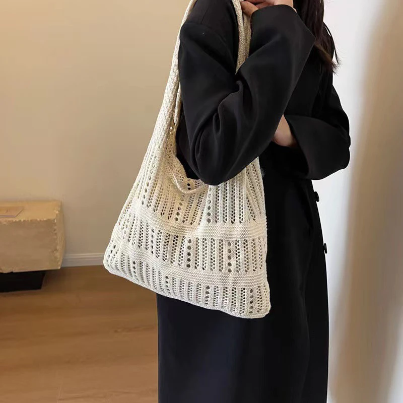 Hollow Knitted Handbags Beach Bags Lightweight Students Shoulder Shopper Tote Female Woven Underarm Bags For Women Girls