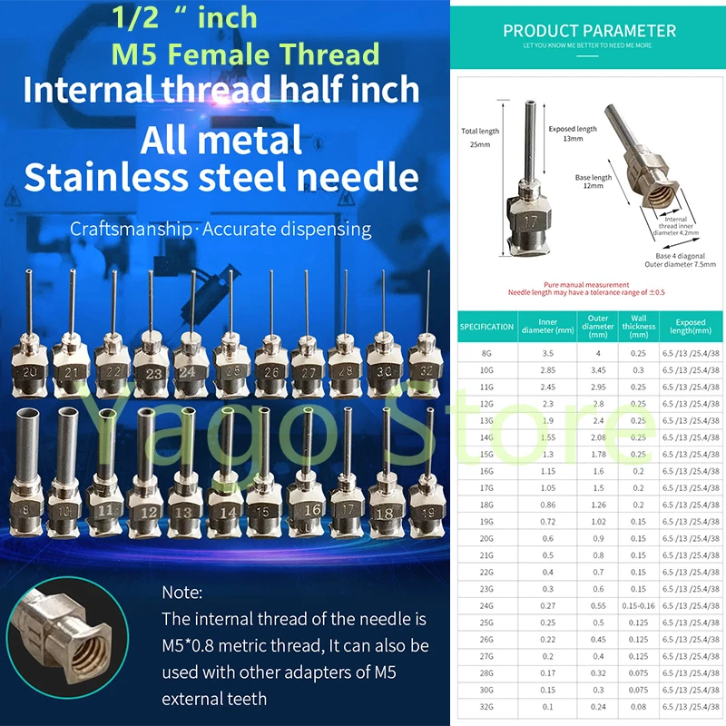 

12 Pack M5 internal thread stainless steel dispensing needle/tips 1/2 inch exposed length 13mm total length 25mm from 12G to 21G