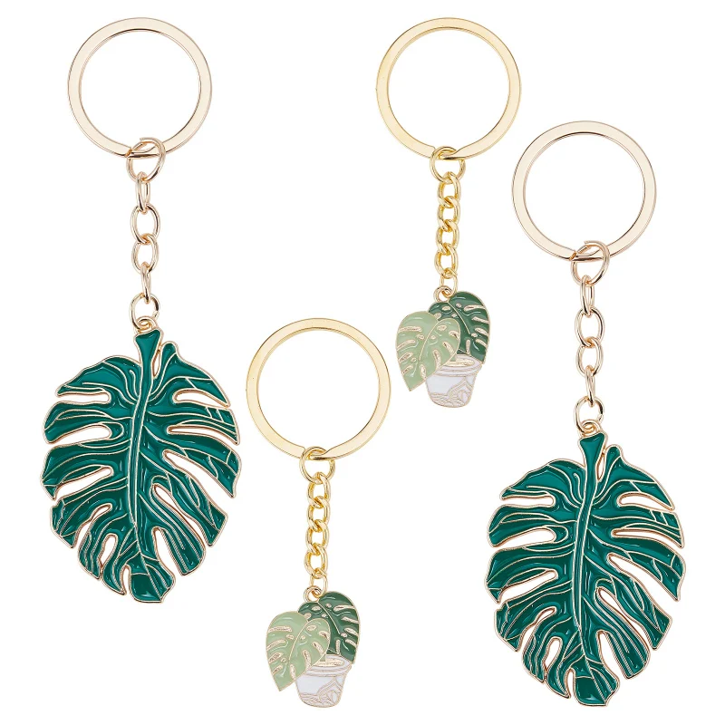 4Pcs Palm Leaf Enamel Keychain Tropical Plant Green Monstera Leaves Key Chain Cute Hanging Pendant Charm Keyrings for Purse Car