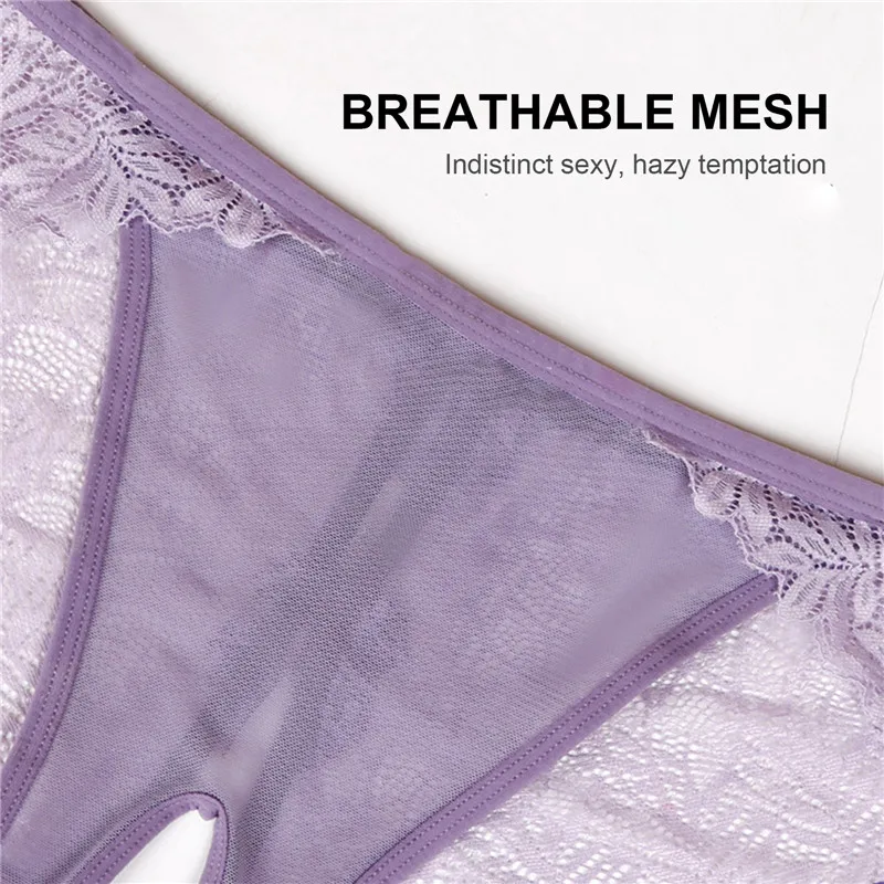 Women Exotic Sexy Lace Open Crotch Panties Mesh Perspective Underwear Ladies Lace Bow Thong Crotchless Briefs Erotic Lingerie