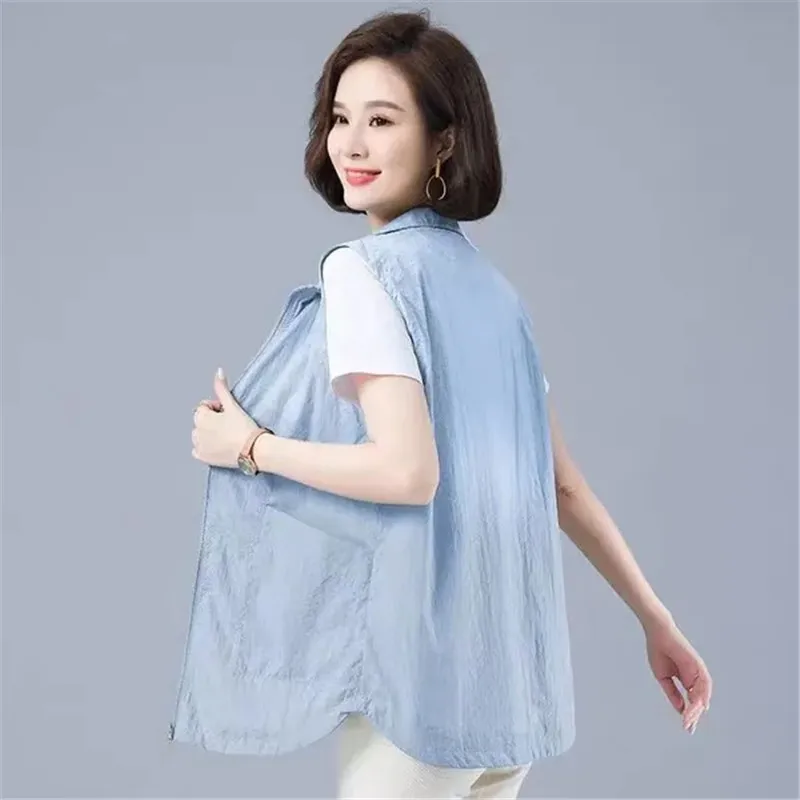 2023 Summer Liner Sun Protection Clothes Women Casual Thin Pink Vest Large Size 4XL Sleeveless Jacket  Short Zipper Waistcoat