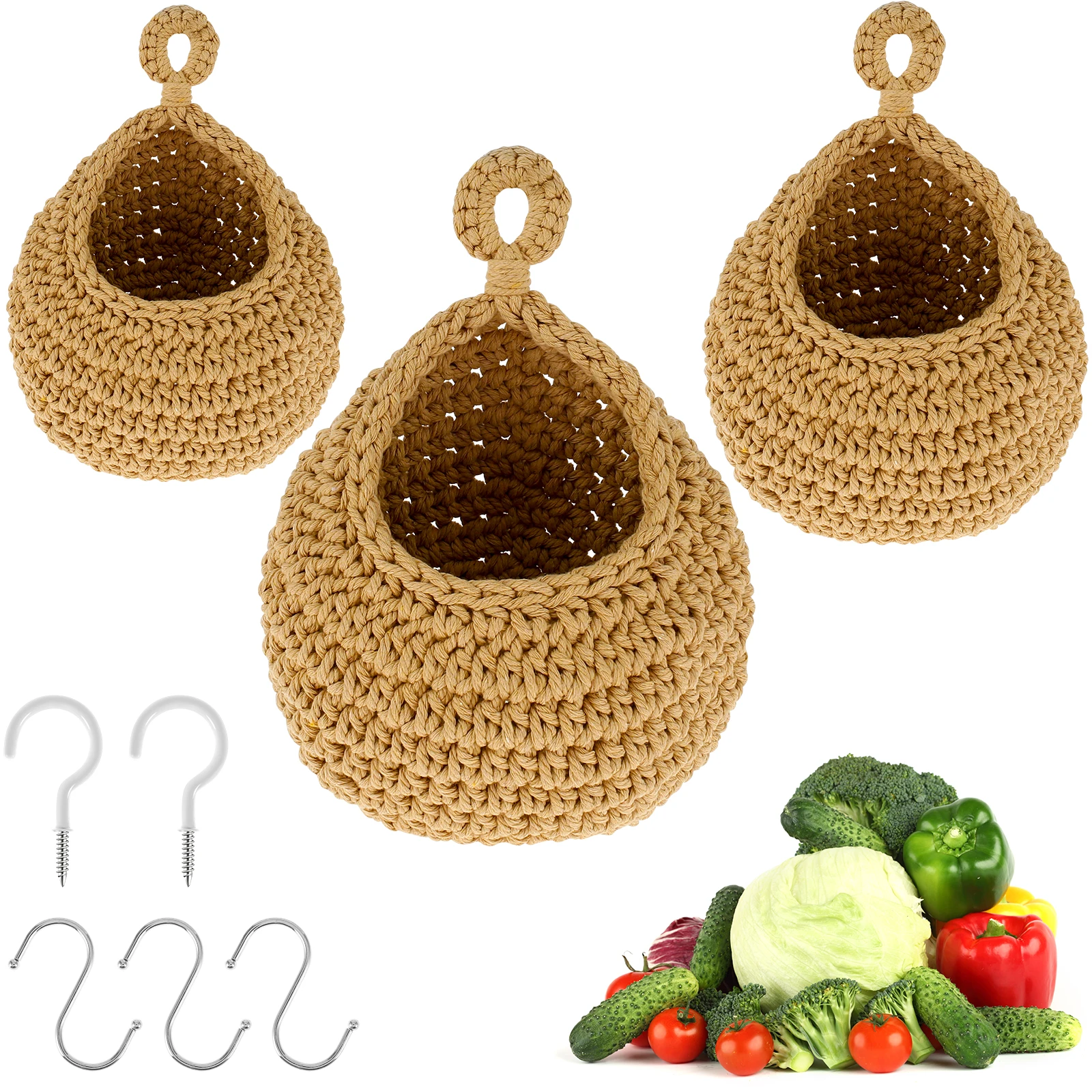 

New3Pcs Hanging Fruit Baskets Breathable Vegetable Wall Baskets 3 Sizes Woven Cotton Rope Hanging Baskets Space Saving Hanging