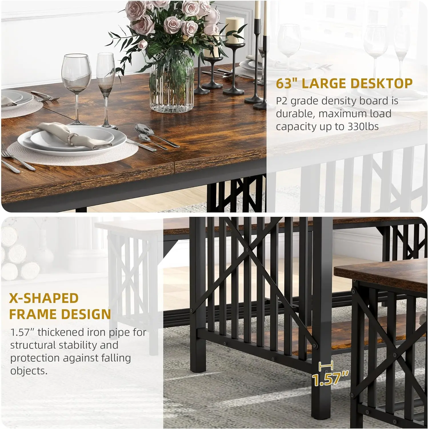 DWVO 3-Piece Dining Table Set for 4-6 People, 63\