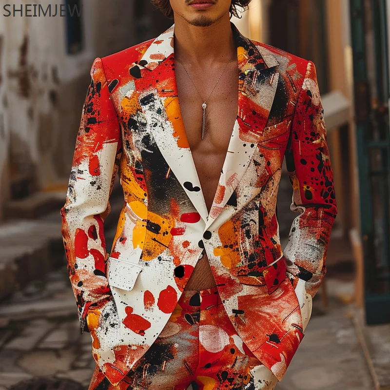 Colorful Printed Suit British Fashion Graffiti Casual Men's Jacket Pants Fashion Casual Men's Suits Party Bar Stage Showing Sets