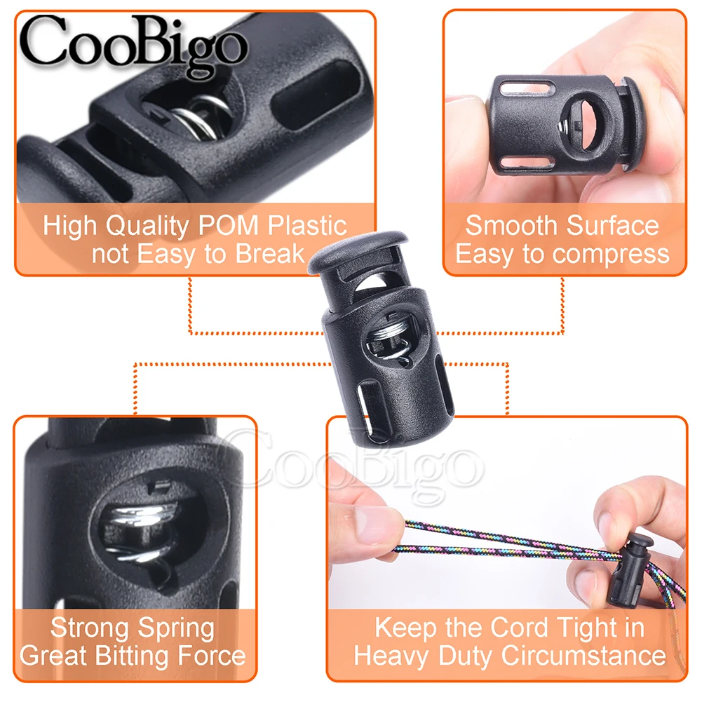 Cord Lock Stopper 50pcs Plastic Spring Toggle Clip Clamp for Paracord Drawstring Rope Lanyard Shoelace Clothes Black Single Hole