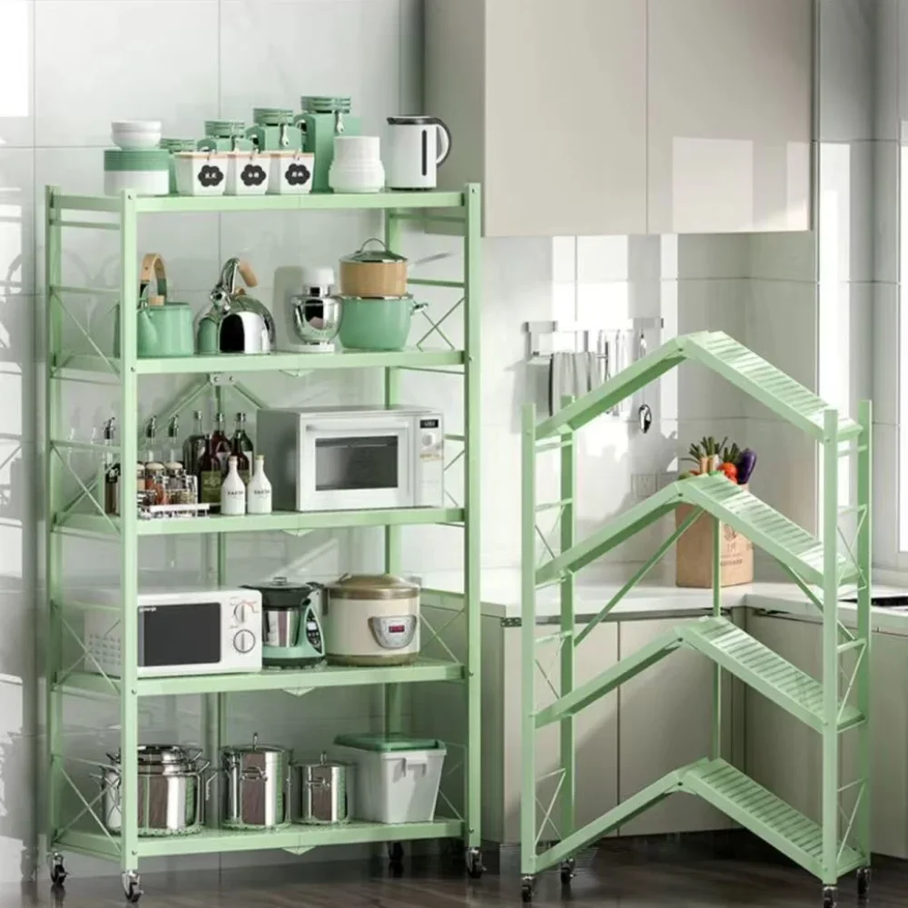 Foldable Large Iron Frame Multilayer Metal Storage Shelves Multifunctional Kitchen Storage Racks Movable Living Room Bookshelf