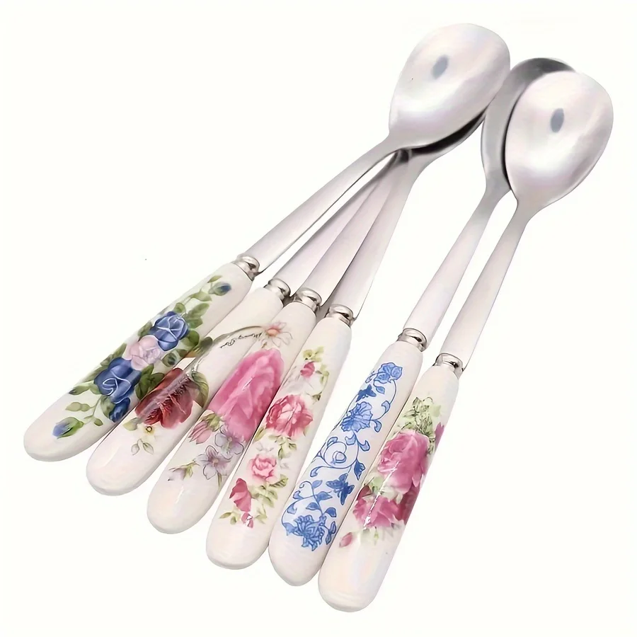 Stainless Steel Coffee Spoons With Ceramic Handles 6pcs Perfect For Mixing Sugar Ice Cream Kitchen & Dining Accessories stainless steel spoon stainless steel spoon set