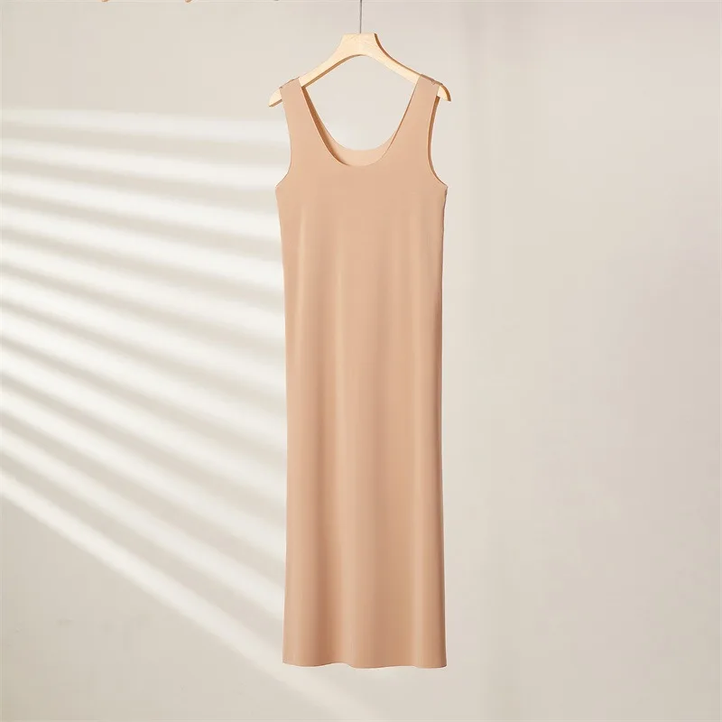 M-5XL Plus Size Seamless Full Slips Dresses For Women Summer Ice Silk Petticoat Underskirt Sleeveless Underwear Dress