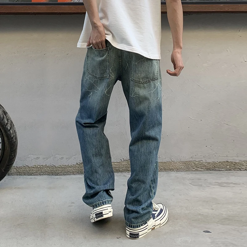 Fashion Brand Washed Burnt Flower Printed Hip Hop Jeans Men's Loose Straight West Coast High Street Wide-Leg Pants