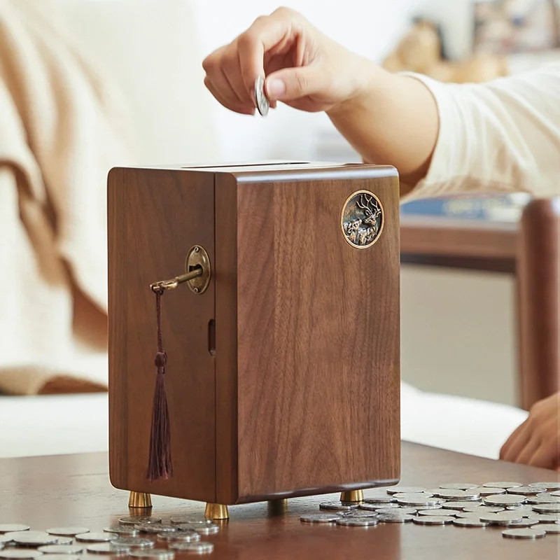 

Запираемая копилка для денег, черная, ореховая, деревянная копилка, копилка для банкнот, сберегательная коробка для монет, кошелька