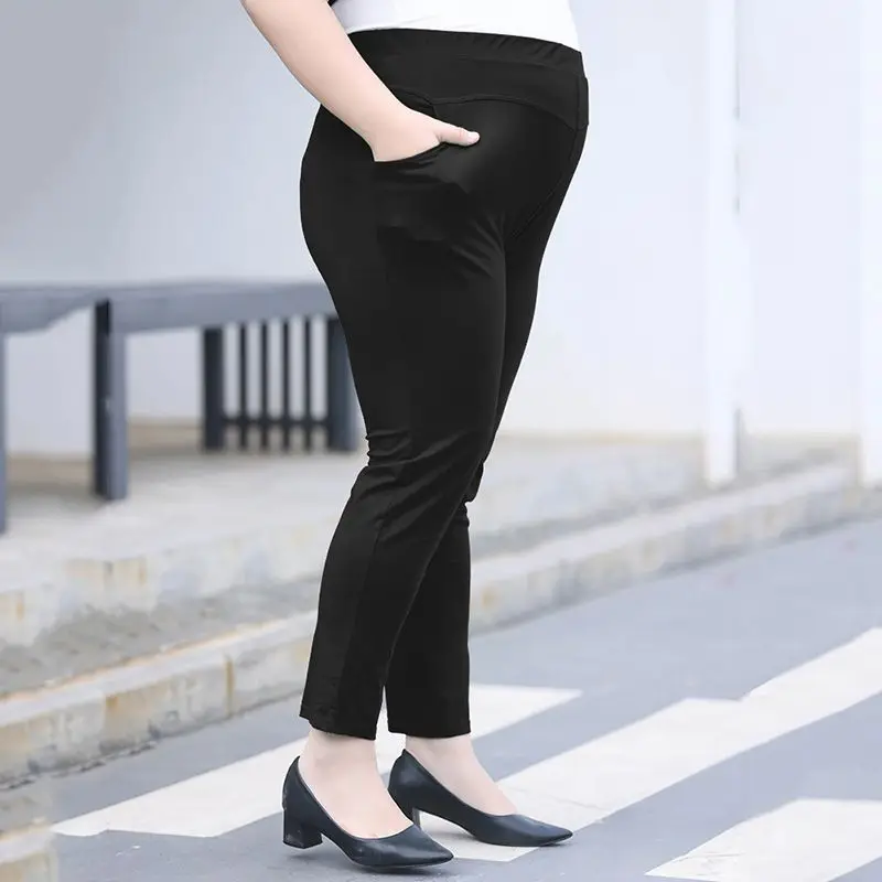 Personality Street Summer Thin Plus Size Solid Color Nine Points Pants Womens Casual Elastic High Waist Pockets Pencil Trousers
