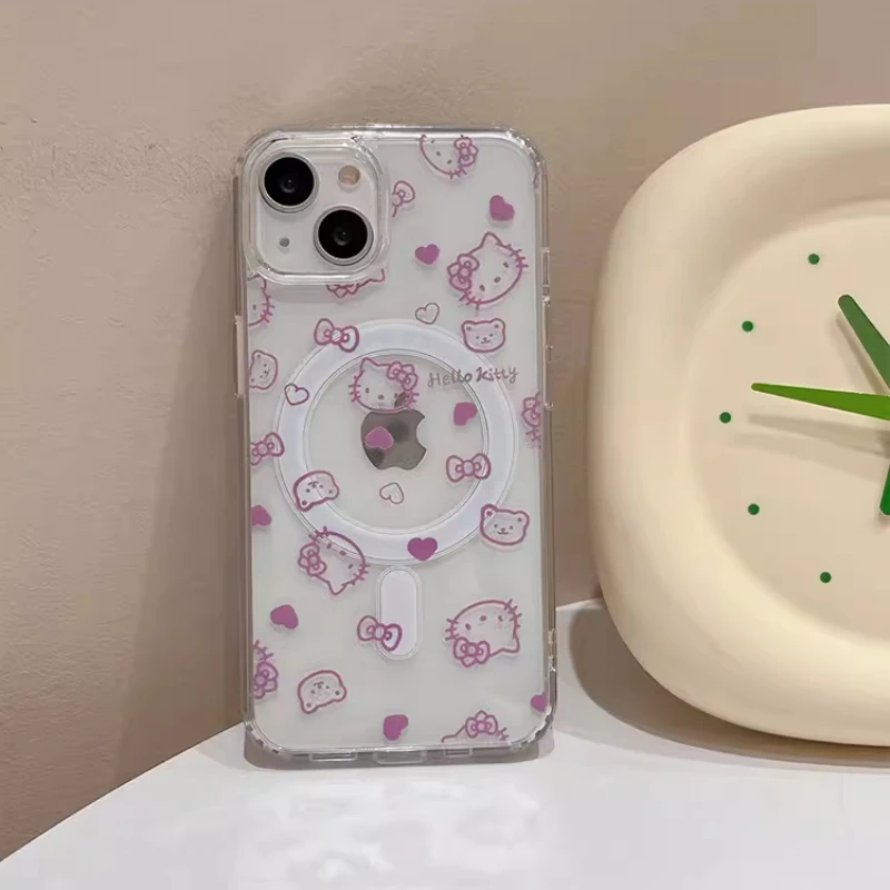 Cute Sanrio Hello Kitty Magnetic Wallet Holder Magsafe Wireless Charge Phone Case For iPhone 15 14 13 12 11 Pro Max Hard Cover