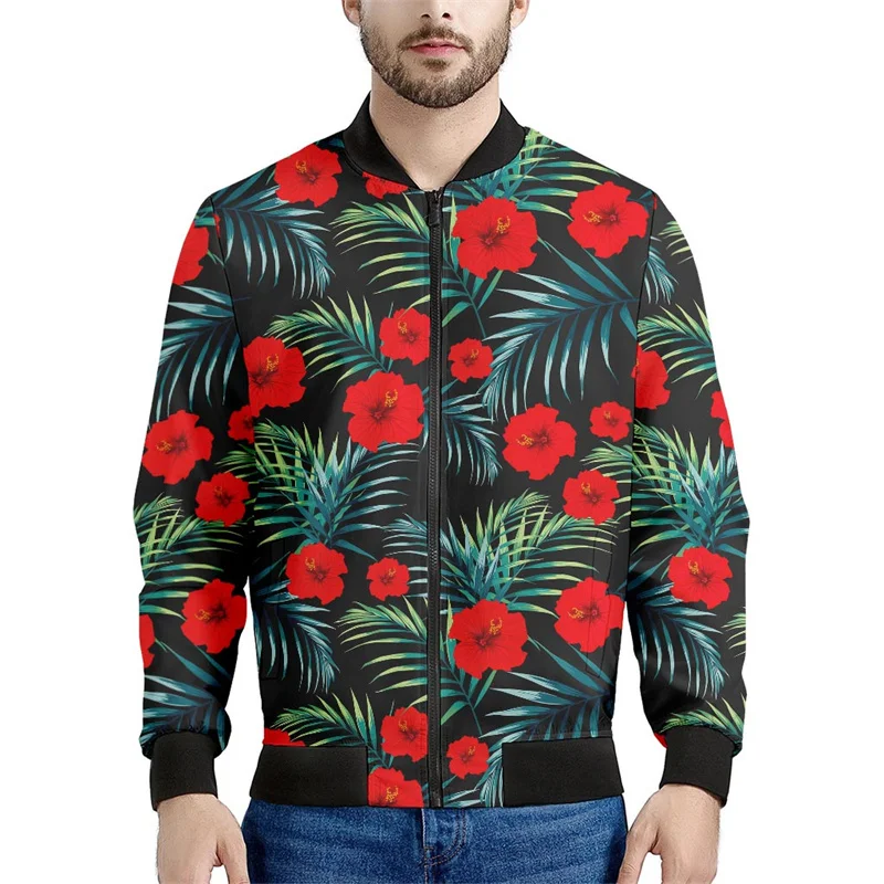 thumbnail image 1 of Chaqueta bomber con estampado de hojas de plátano tropical para hombre, sudadera de manga larga en 3D, chaqueta bomber de calle de gran tamaño con cremallera, 1 of 4