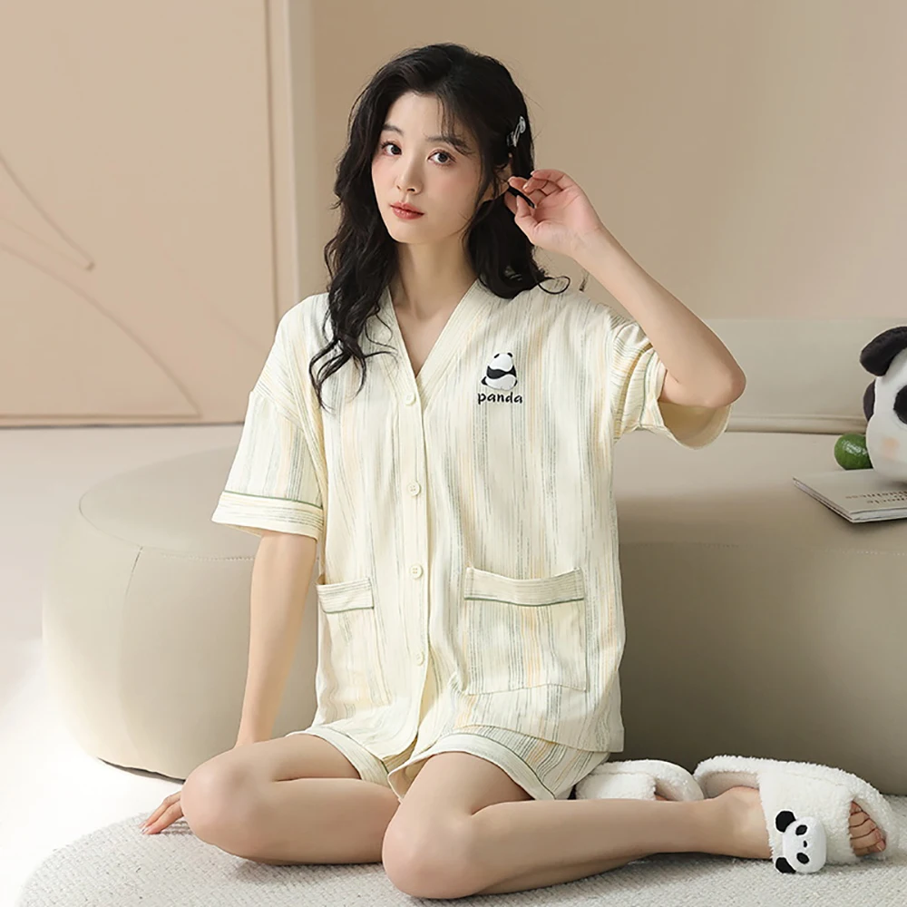 M-2XL 100% Cotton Antibacterial Women's Pajamas Set V Neck Short Sleeve+Shorts 2024 New Summer Japanese Style Soft Sleepwear