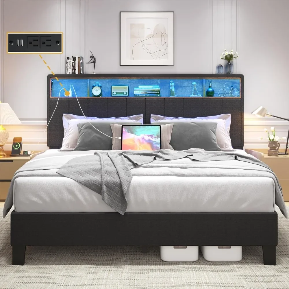 Queen Bed Frame With Storage Headboard Upholstered With Built in Charging Station & LED Dark Grey Platform Bed Frame bed frame