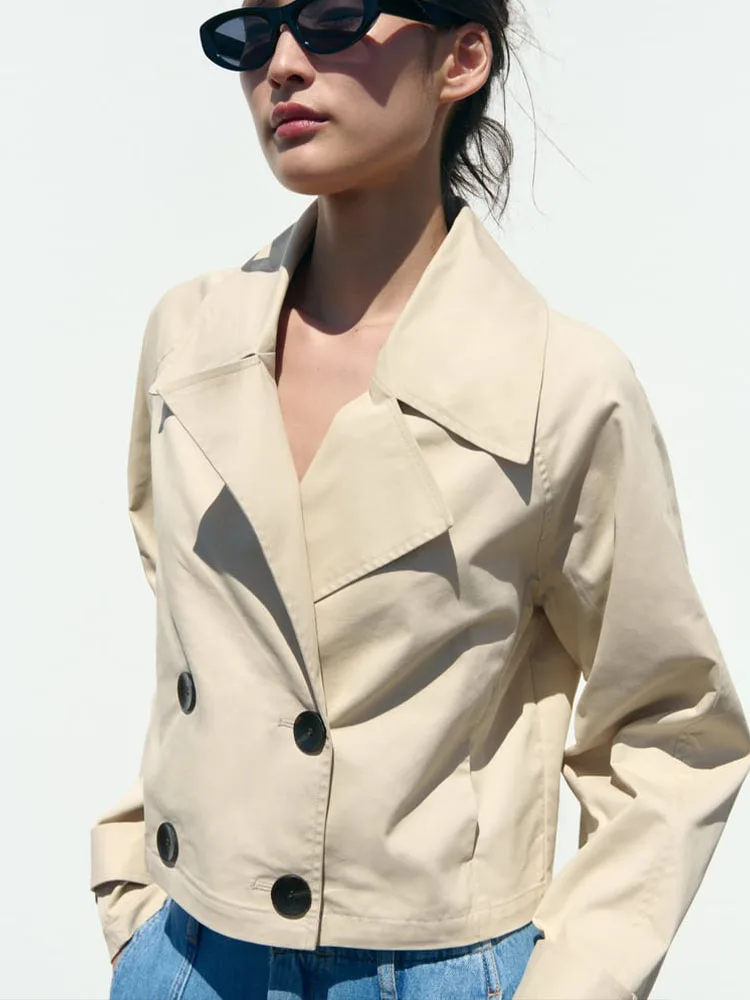 

2023 new fashion all-match double-breasted button lapel long-sleeved loose short windbreaker jacket women's clothing