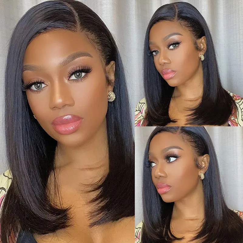 

Straight Black Side Part Cut Short Bob Glueless Lace Front Wigs Synthetic Heat Resistant Fiber Preplucked Baby Hair For Women