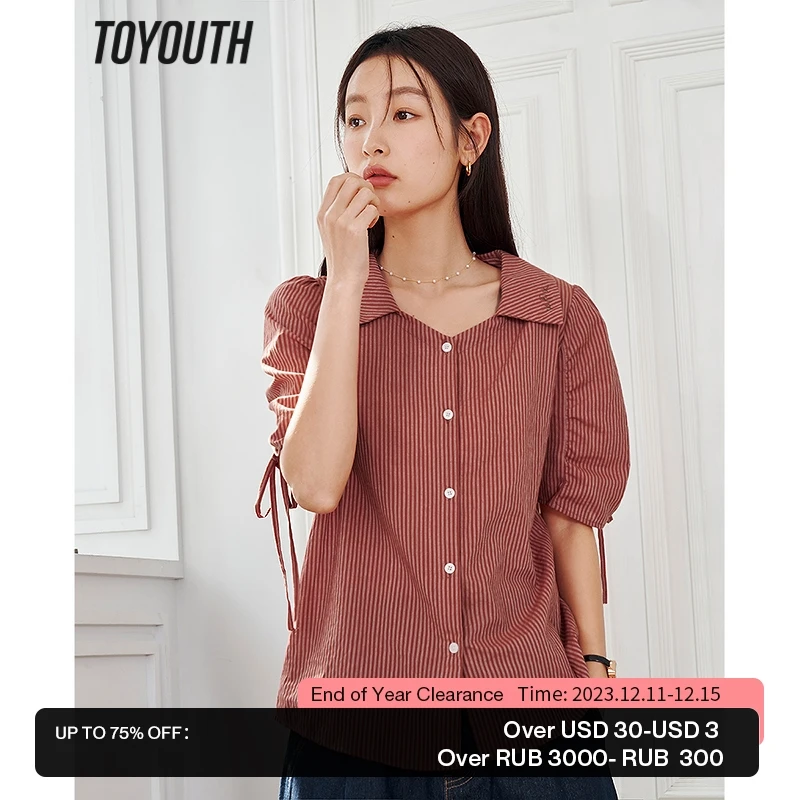

Toyouth Women Shirts 2023 Summer Short Sleeve Polo Neck Loose Blouse Red Stripe Drawstring Cuff Casual Chic Streetwear Tops