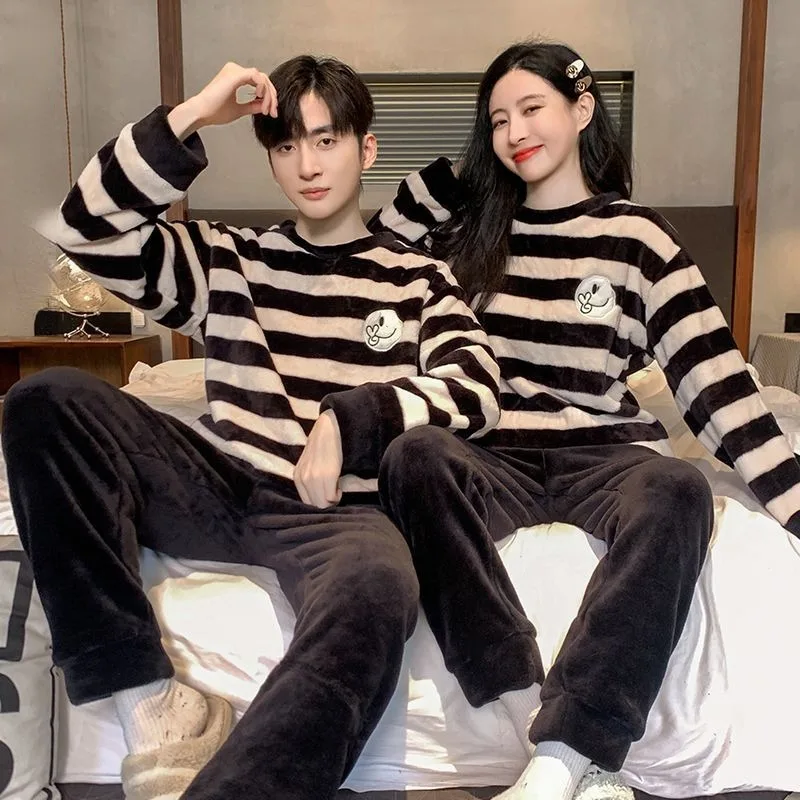 2024 New Couple Pajamas Women Spring Autumn Winter Coral Velvet Plush Thickened Loungewear Men's Flange Warm Velvet Homewear Set
