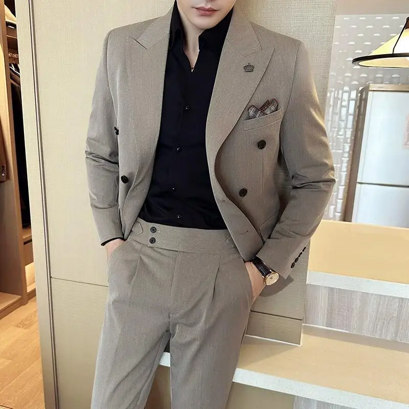 (Blazer + Trousers) Fashion Double Breasted Design Slim Men's Suit Italian Style Luxury Wedding Social Party Tuxedo 2 Piece Set african men suit,men hanfu suit
