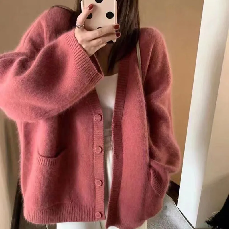 

Solid Color Soft Ladies Sweater with Pocket Buttons Black Knitted Cardigan Korean Version Versatile Autumn Loose Casual 2023 New