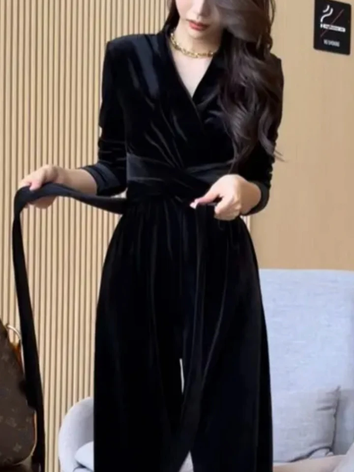 Autumn Elegant Velvet Jumpsuits Women Korean Style Bandage Designer Office  Lady Jumpsuits Long Sleeve Casual Jumpsuits 2022 New