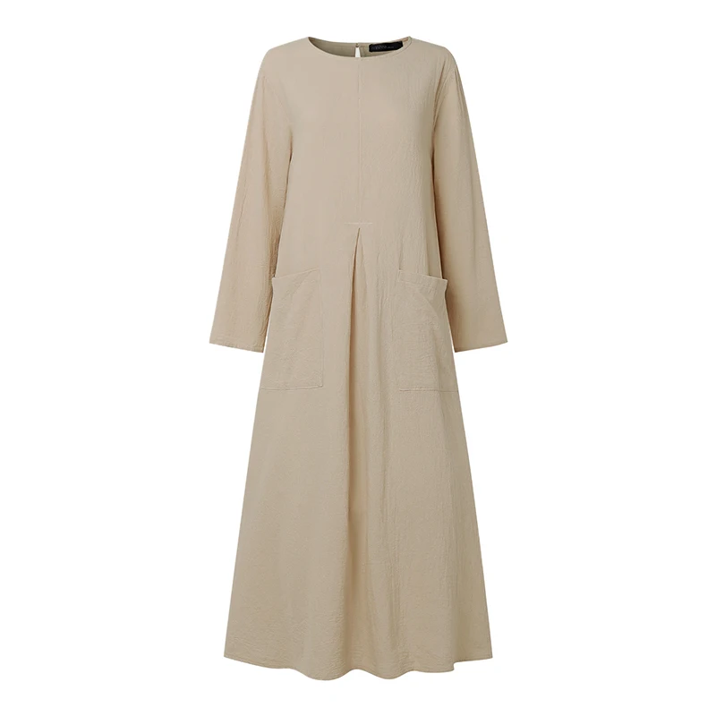ZANZEA Spring Summer Loose Long Dress for Woman Cotton Linen O-Neck Long Sleeve Side Slit Solid Color Dresses Baggy Robes Femme 4