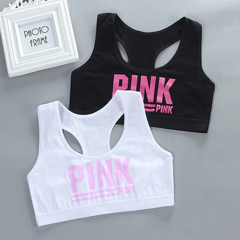 

Teen Bra Girl Vest Cotton Spandex With Pink Letter Solid Color Girl's Sport Underwear Letter Racerback Training Black