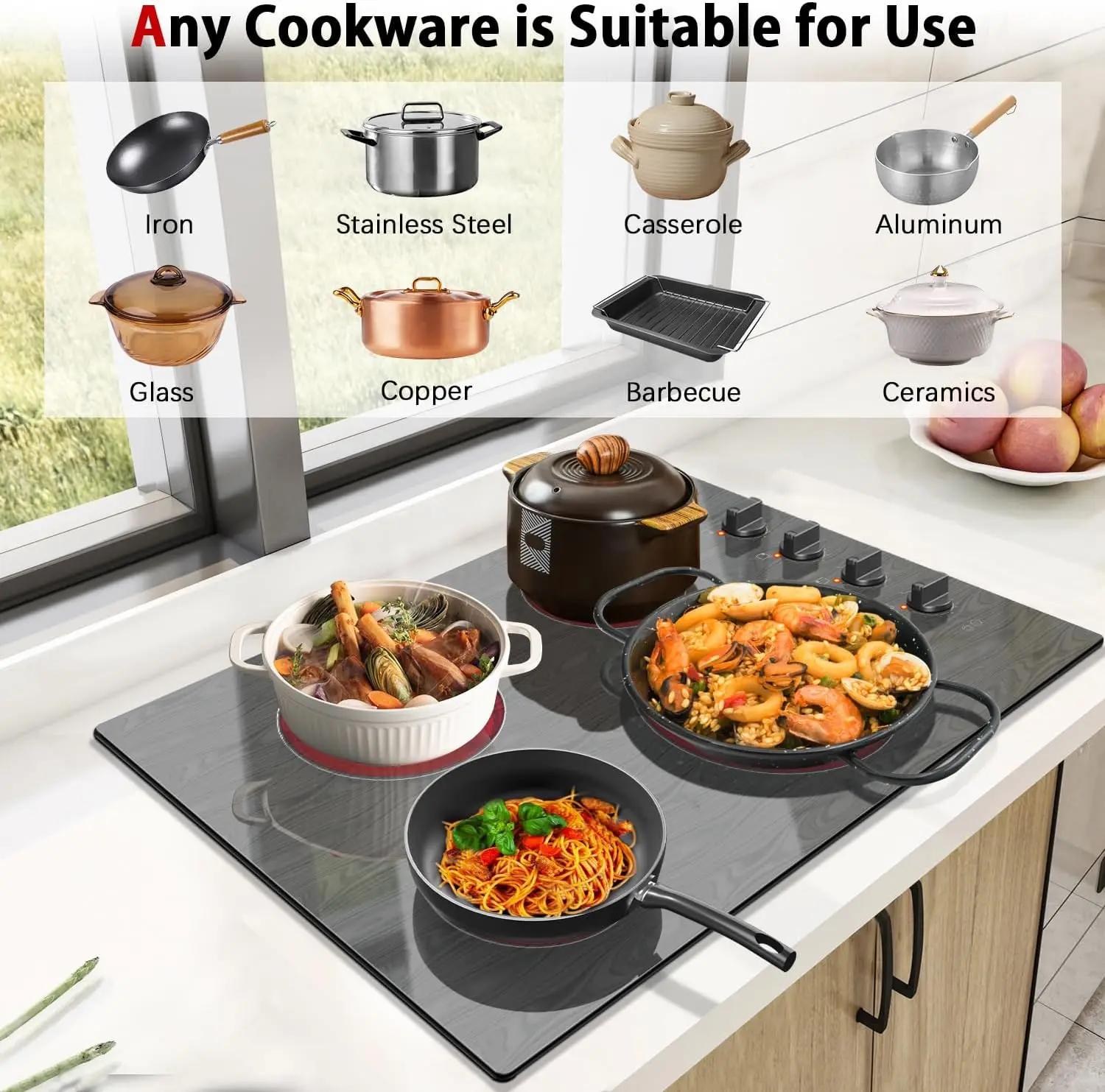 Knob Control Electric Stove Glass with Beautiful Wooden Pattern, 30" Built