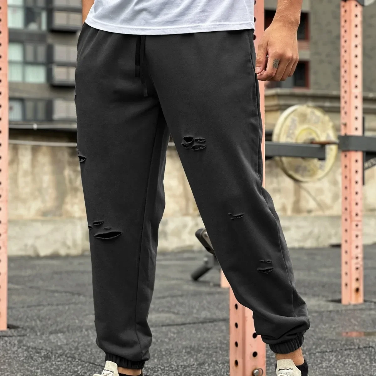 Mens Streetwear Casual Trend Cuffed Pants Jogging Drawstring Sweatpant Ripped Trousers Gym Fitness Sports Bottom Male Costume 4