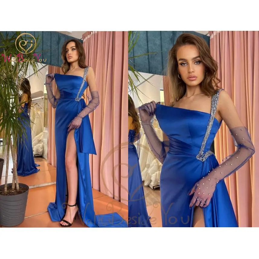 

One Shoulder Prom Dresses 2022 Royal Blue Beaded Strap Satin High Slit Pleat Ruched A Line Evening Gown Formal Party Gown Women