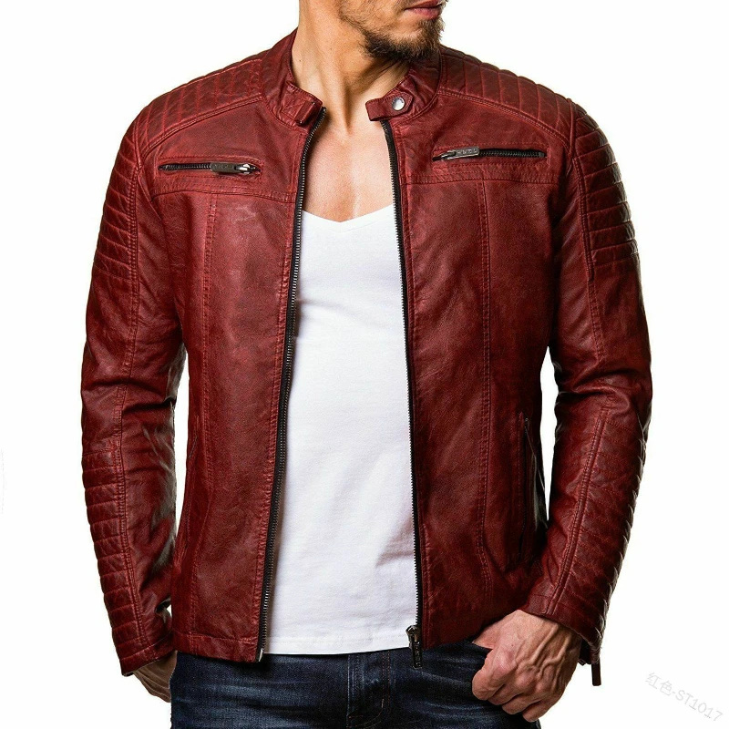 

Men Faux Leather Jacket Spring Slim-Fit Cardigan Straight Jacket Men Long Sleeve Zipper Button Stand Collar Motorcycle PU Jacket