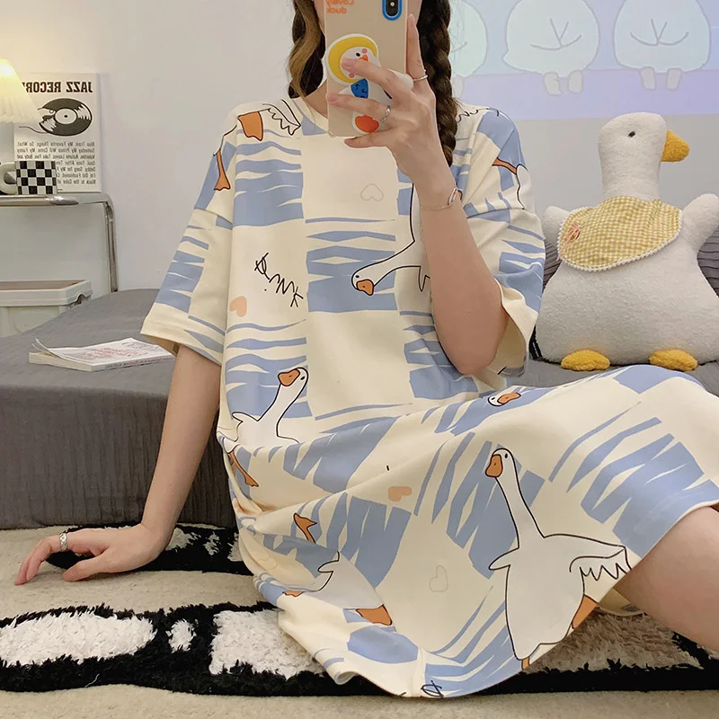 Princess Style Nightdress for Women Summer Cotton Tops Sleep shirts Girls Short Sleeve Cute Sweet Cartoon Loose Home Wear