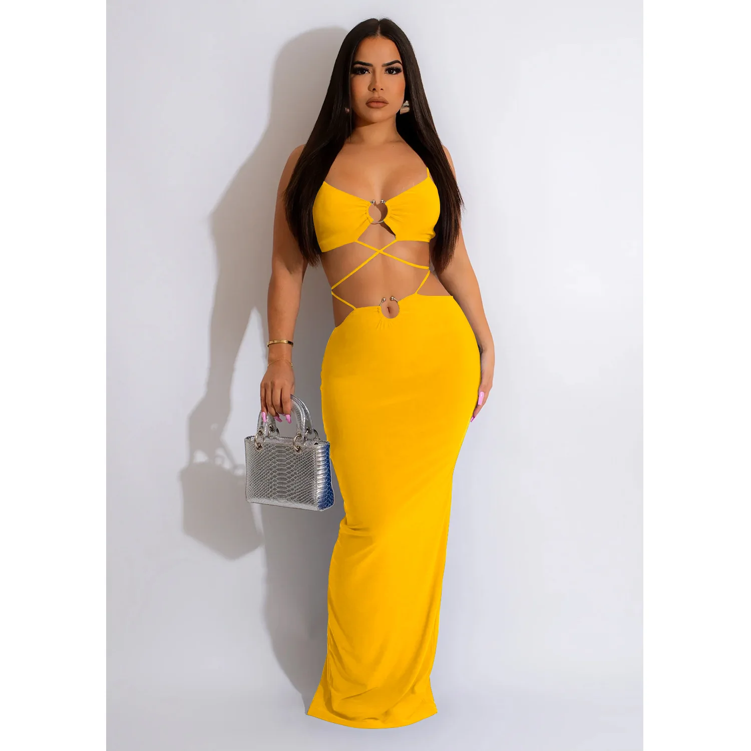 

Sexy Hollow Out Long Dresses for Women 2023 Summer Stretch Sleeveless Backless Back Split Elegant Bandage Bodycon Party Sundress