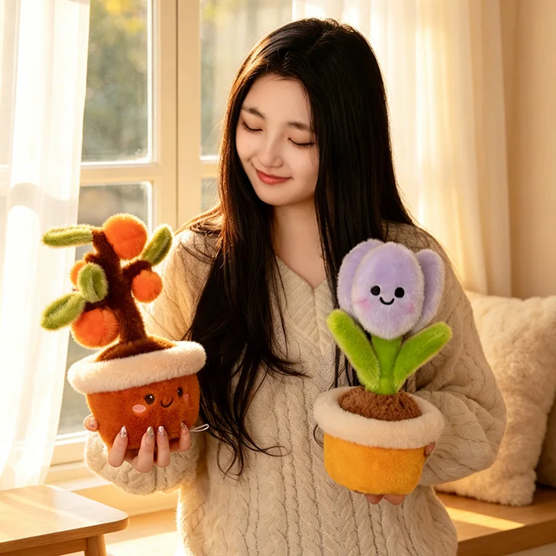 귀여운 화분에 담긴 식물 인형 세트, 다육식물 튤립 오렌지 나무, 집 꾸미기 및 식물 애호가를 위한 선물