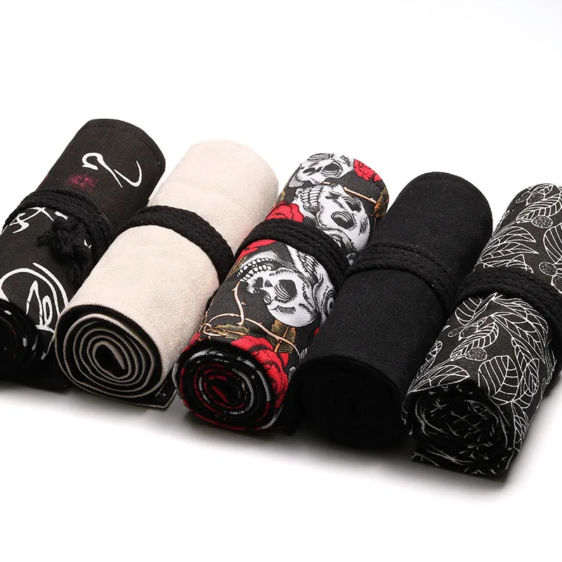 24 홀 롤 아트 연필 케이스 한국어 스타일 캔버스 학생 연필 가방 페인트 브러시 아트 홀더 학생 용품 편지지