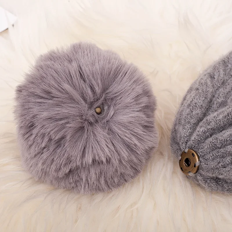 Fashion Warm Knitted Women's Hat Striped Winter Hats For Women Pink Fur Pompom Wool Beanies Thick Skullies Cap faux Pom pom Hat 5