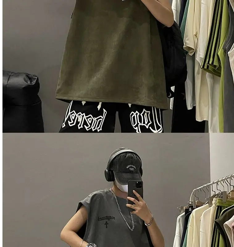 Description Picture 4 of itemMilitary green suede vest men's summer oversize heavyweight trendy brand vest sleeveless t-shirt American couple sweatshirt tops