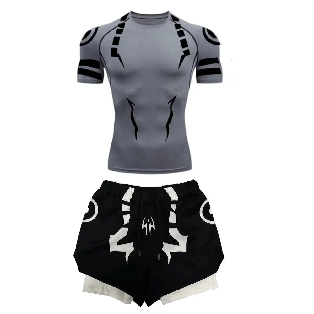 Men's Compression Set Anime Jujutsu Kaisen Printed Summer Gym Compression Shirts+Workout Shorts Breathable Quick Dry Sports Set sports suit sports set tracksuit set outdoor suit set shirt and shorts set hawaiian shirt and shorts set