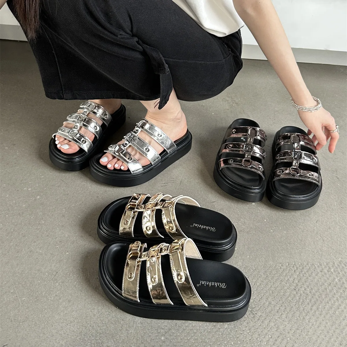 

Shoes Glitter Slides Low Womens Slippers Outdoor Fashion Platform Pantofle Jelly Summer Luxury 2024 Crystal Fabric Hoof Heels Ro