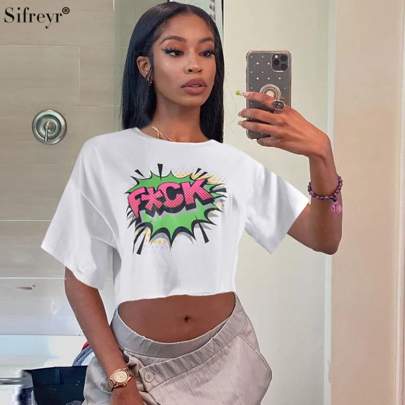 

Sifreyr Fashion Letter Printed Loose Top Round Neck Short Sleeve Street Style Sexy Open Navel Versatile Pullover T-shirt