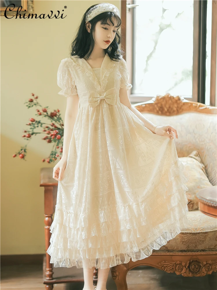 

Simple Elegant Lace Stitching Bow V-neck Flared Short Sleeve High Waist A-line Sweet Cake Princess Long Dress Women Summer 2024