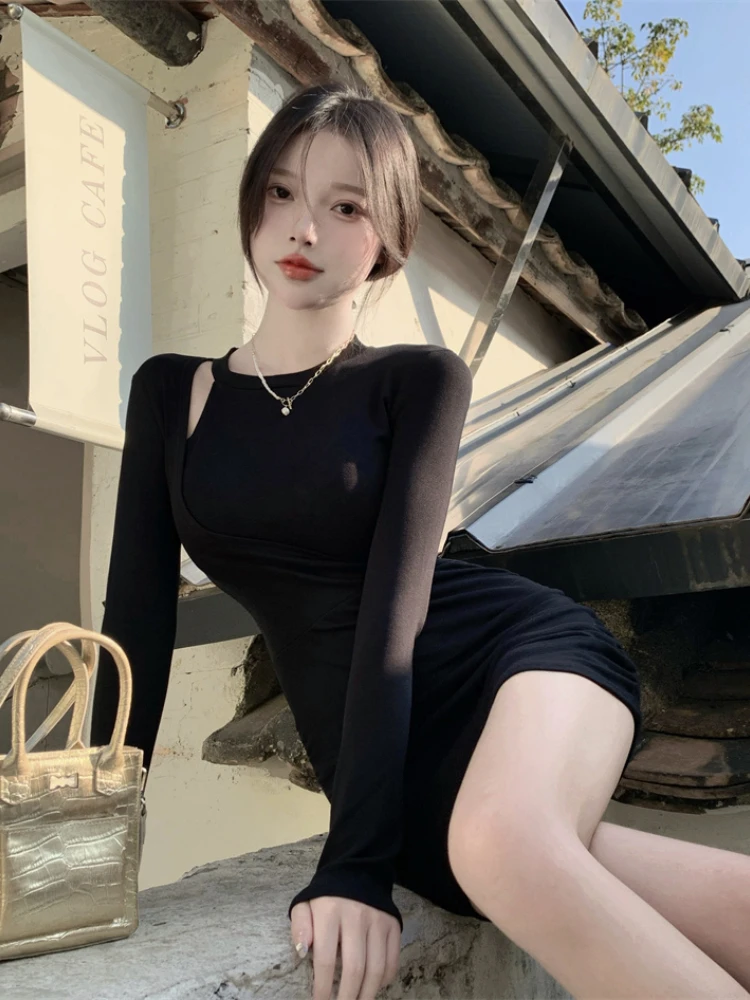

Spring Design Sense Small Number Hollowed Out Dress Bottom Skirt Sexy Hot Girl Hip Wrap Skirt Slim Mini Skirt Long Sleeve O-Neck