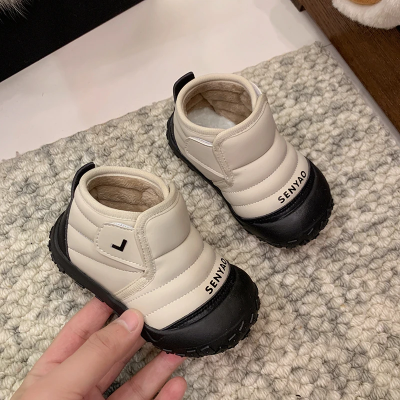 Baby Autumn/Winter Fashionable Round Toe Plus Velvet Soft/Warm Cute Thick-soled Short Boots Kids Lightweight One-piece Snow Boot