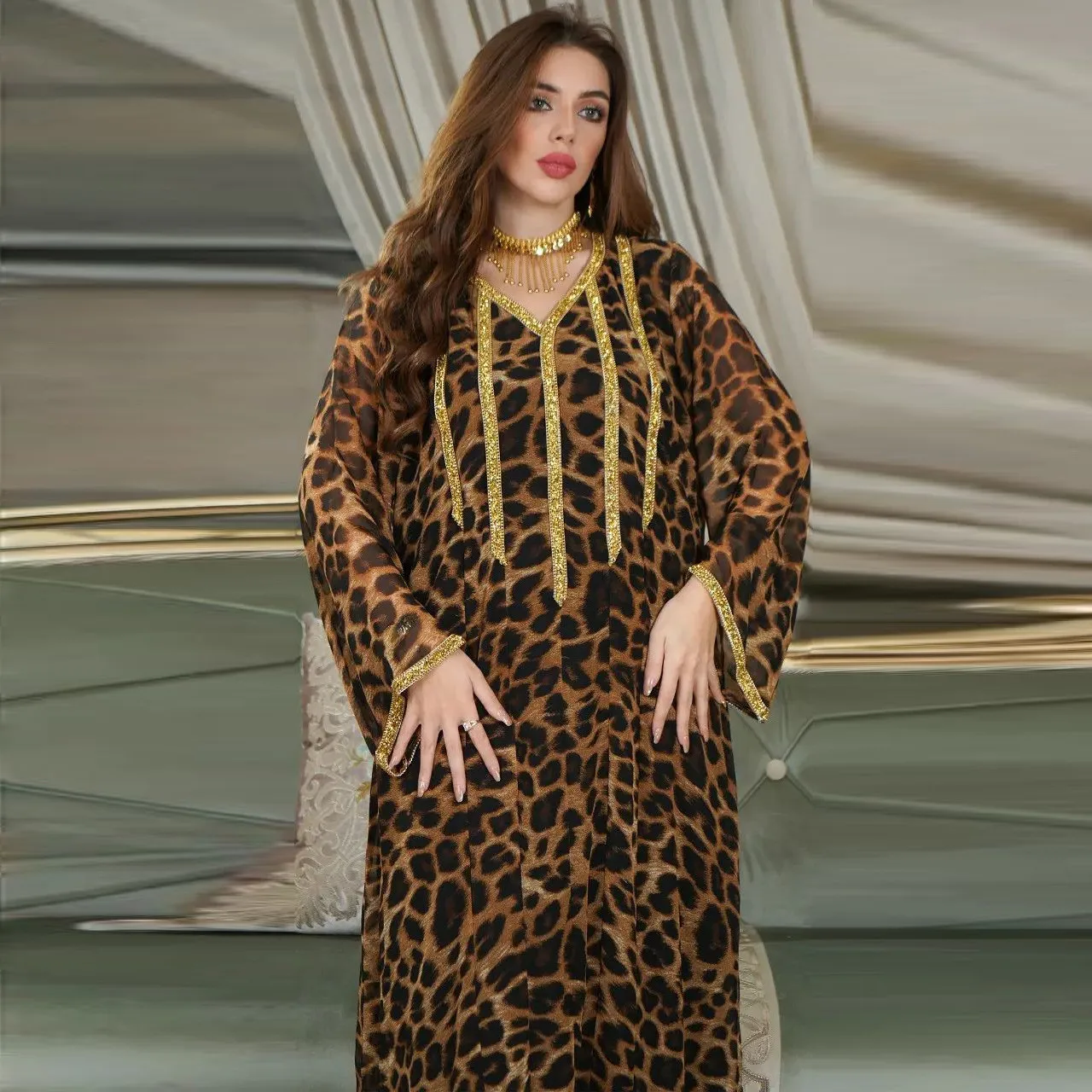 Leopard Print Long Dresses Dubai 2023 Abaya Women Kaftan Diamond Loose Dress Femme Muslim Clothes Jalabiya Ramadan Arab Vestidos