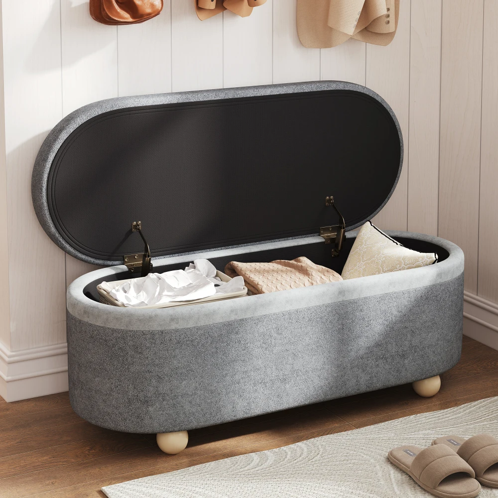 PINGGO Graue Fleece-Aufbewahrungsbank mit Holzbeinen und offenem Deckel 110x41x47cm für Wohnzimmer, Flur, Schlafzimmer – Detail 9