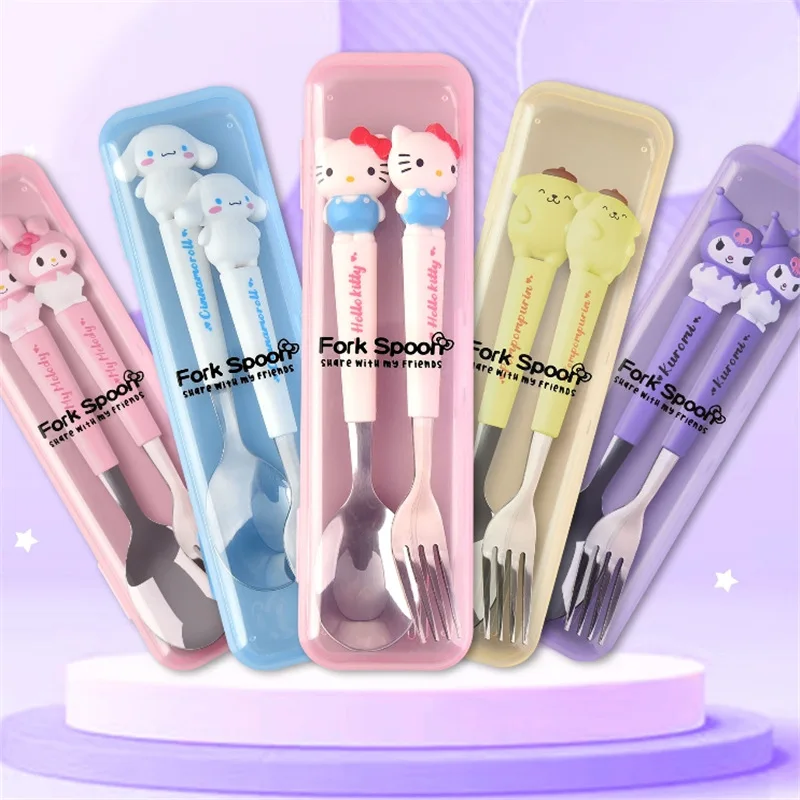

Kawaii Hello Kittys Melodys Kuromis Cinnamoroll Stainless Steel Cutlery Girl Cartoon Spoon Fork Cutlery Set Kids Holiday Gift