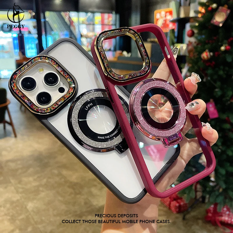 

Glitter Lens Holder Phone Case For iPhone 15 14 13 12 11 ProMax 14 15 Plus Megsafe Wireless Charge Fall prevention Phone Cover