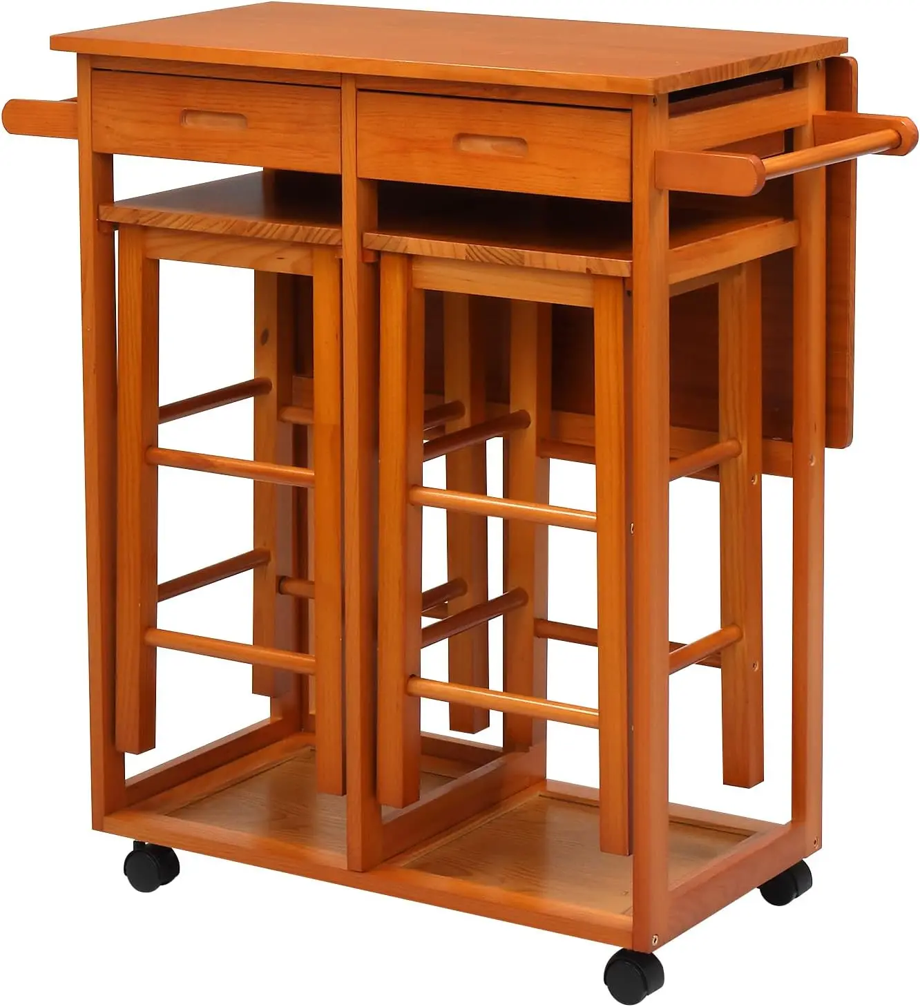 Folding Table with 2 Square Stools and 2 Drawers, Solid Wood Kitchen Table and Chair Set, Island Dining Cart