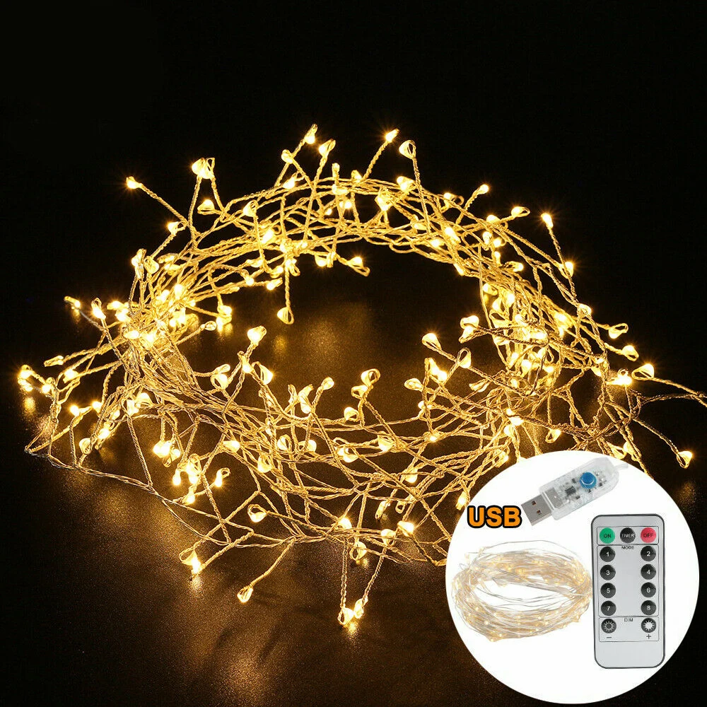Guirnalda de luces LED de alambre plateado para exteriores, 3/5 m, 200 LED, para cafetería, bar, boda, fiesta, Navidad, decoración del hogar